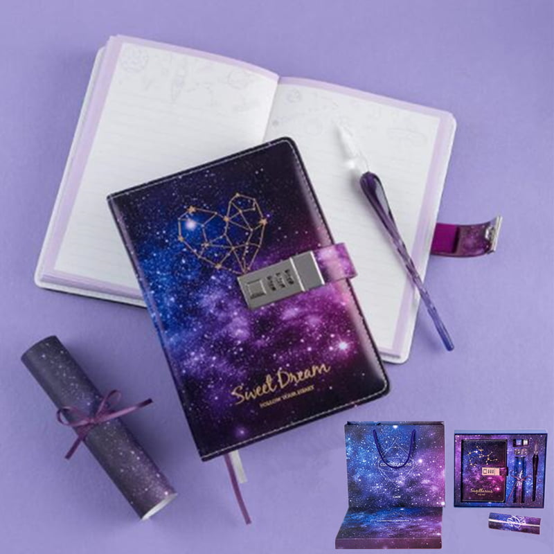 A5 PU Leather Diary with Lock Digital Password Notebook Locking Journal Writing Notebook with a Pen for Women and Girls Heart Shaped Stationery,Purple 