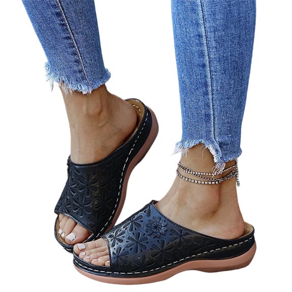 Womens Slide Sandals Arch Support Flower Graphic Platform Open Toe Cork Footbed Flat Sandals Slip-On Soft Adjustable Buckle Slippers for Vacation