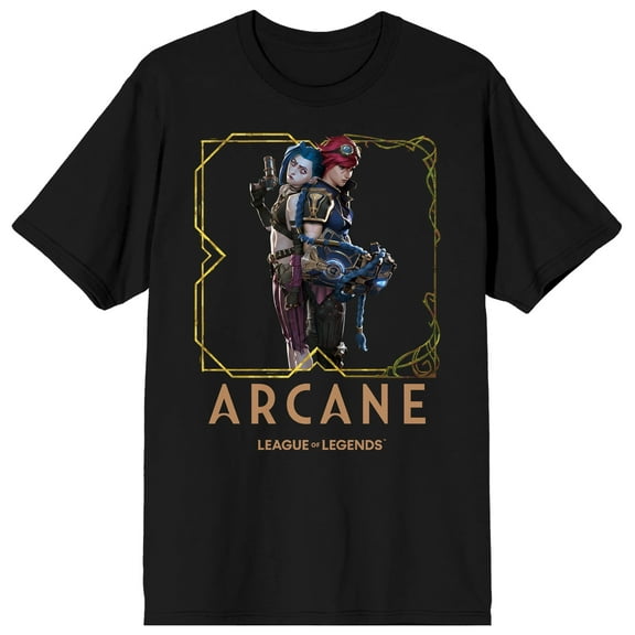 Arcane Jinx and Vi Butterfly Icon Logo text on Black Short Sleeve Adult T-Shirt-XS