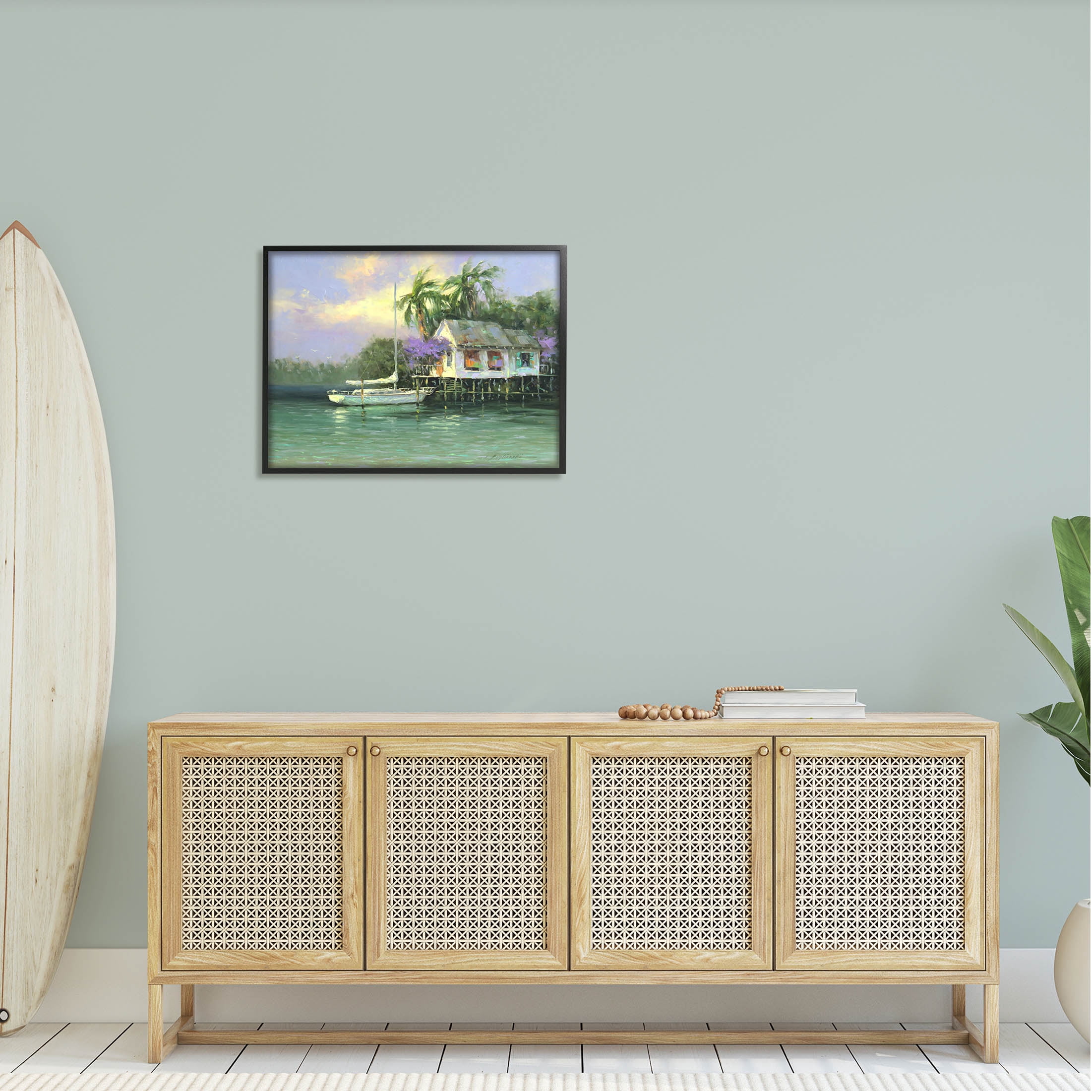 Summer Ocean Pier Palm Trees Landscape Painting Black Framed Art Print Wall Art