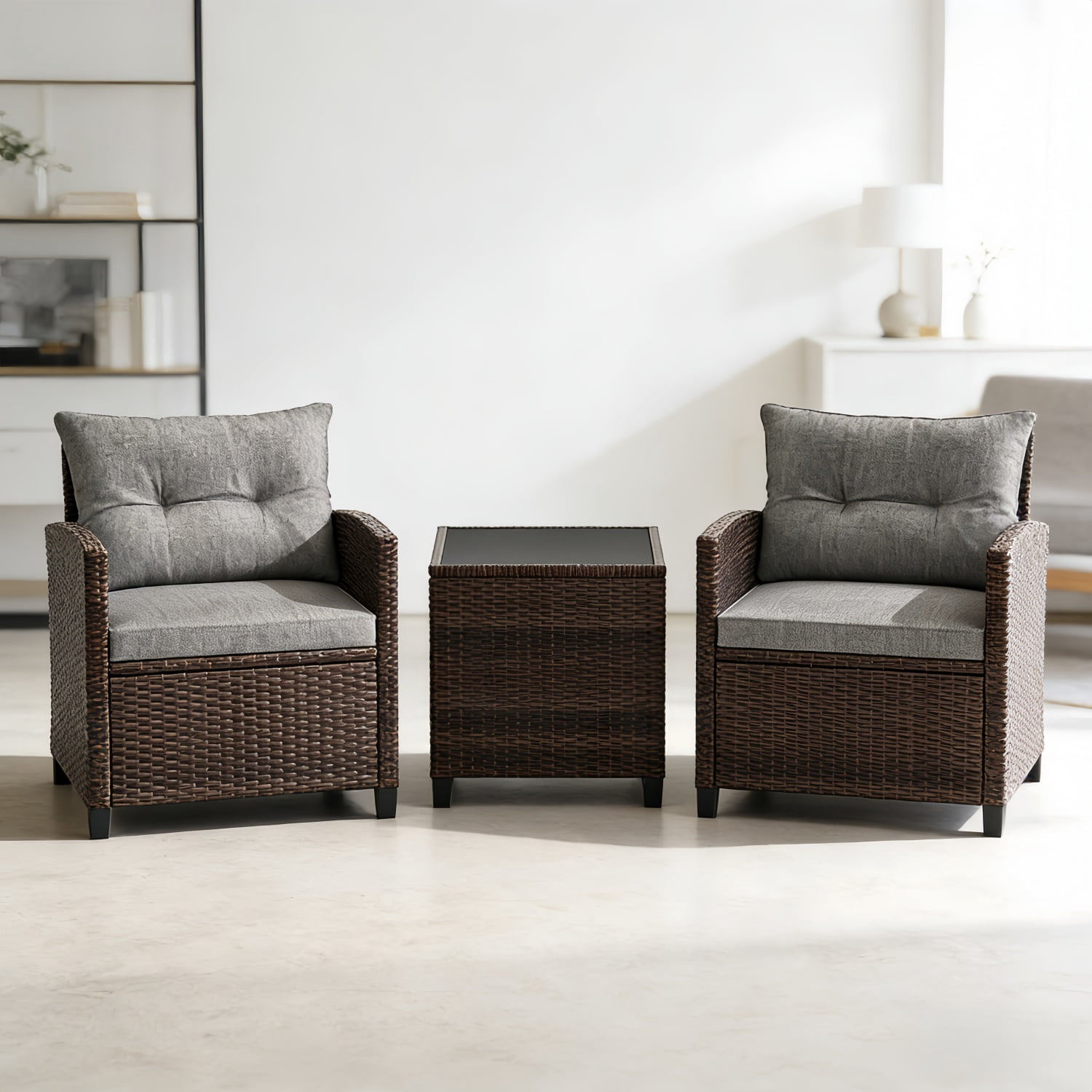Hommoo 3 PCS Rattan Patio Furniture Set, Outdoor Brown Wicker Conversation Set with Glass Tabletop & Gray Cushion