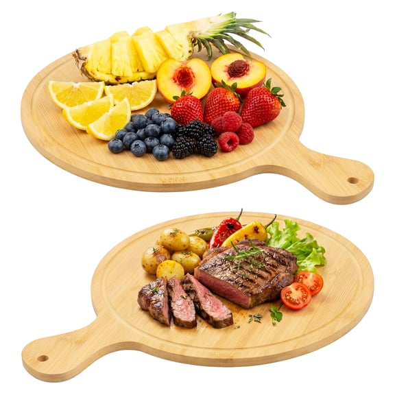 2 Pcs Round Bamboo Cutting Board with Handle Bamboo Serving Kitchen Chopping Board for Pizza Bread Cheese Charcuterie Fruit Vegetable