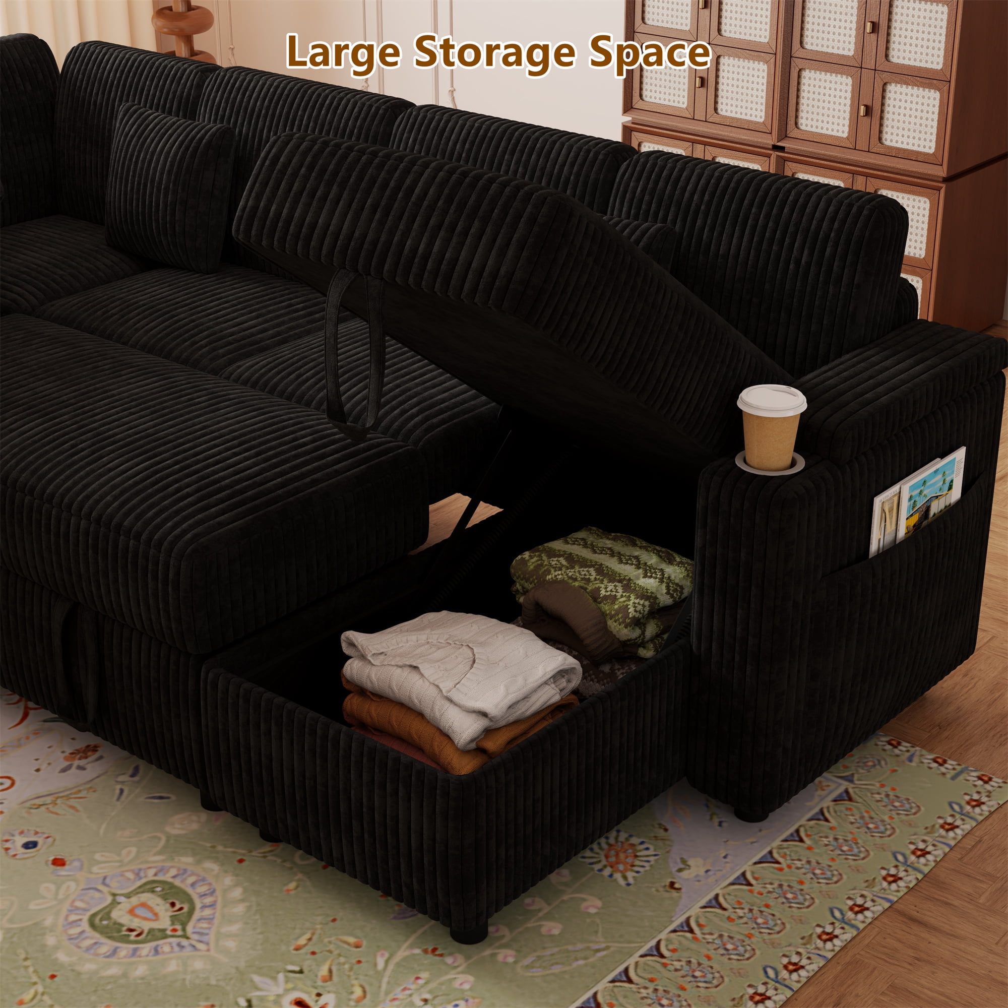 Aukfa 7 Seat U Shape Sectional Couch Convertible Sofa Bed with USB, Cupholder Arm Storage Console, Floating Desktop, Corduroy, Black
