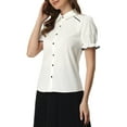 thumbnail image 4 of MODA NOVA Juniors Peter Pan Collar Blouse Contrast Trim Puff Short Sleeve Button Down Shirt, 4 of 4
