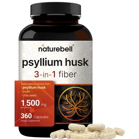 NatureBell Psyllium Husk Capsules 1500mg Per Serving, 360 Count, with Inulin & Chia Seed â€“Soluble Fiber for Digestion â€“ Plant Based Herbal Fiber Supplement, Non-GMO, Gluten Free