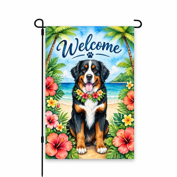 Welcome Garden Flag Tropical Dog & Flowers Design 12x18 Inch – Perfect Outdoor Decor for Porch or Patio, Inviting Beach Theme Ideal for Summer Yard Display