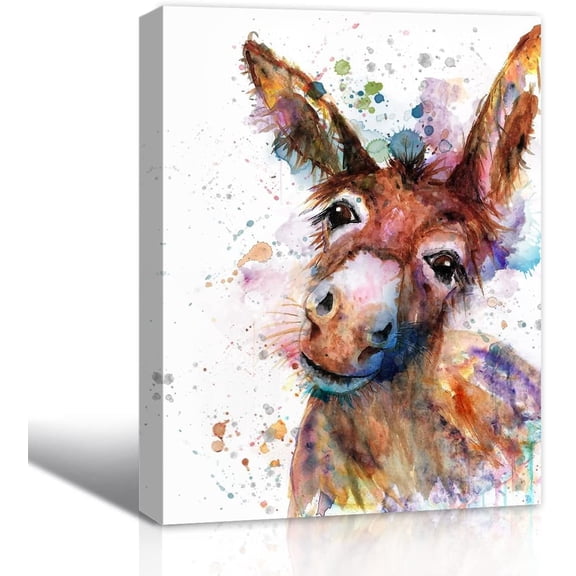 Aaheei Watercolor Donkey Wall Art Décor for Farmhouse, Animals Portrait Splatter and Splotches Modern Colorful Canvas Prints Paintings for Bathroom Living room Kids Room Home Decoration 8 x 10 in