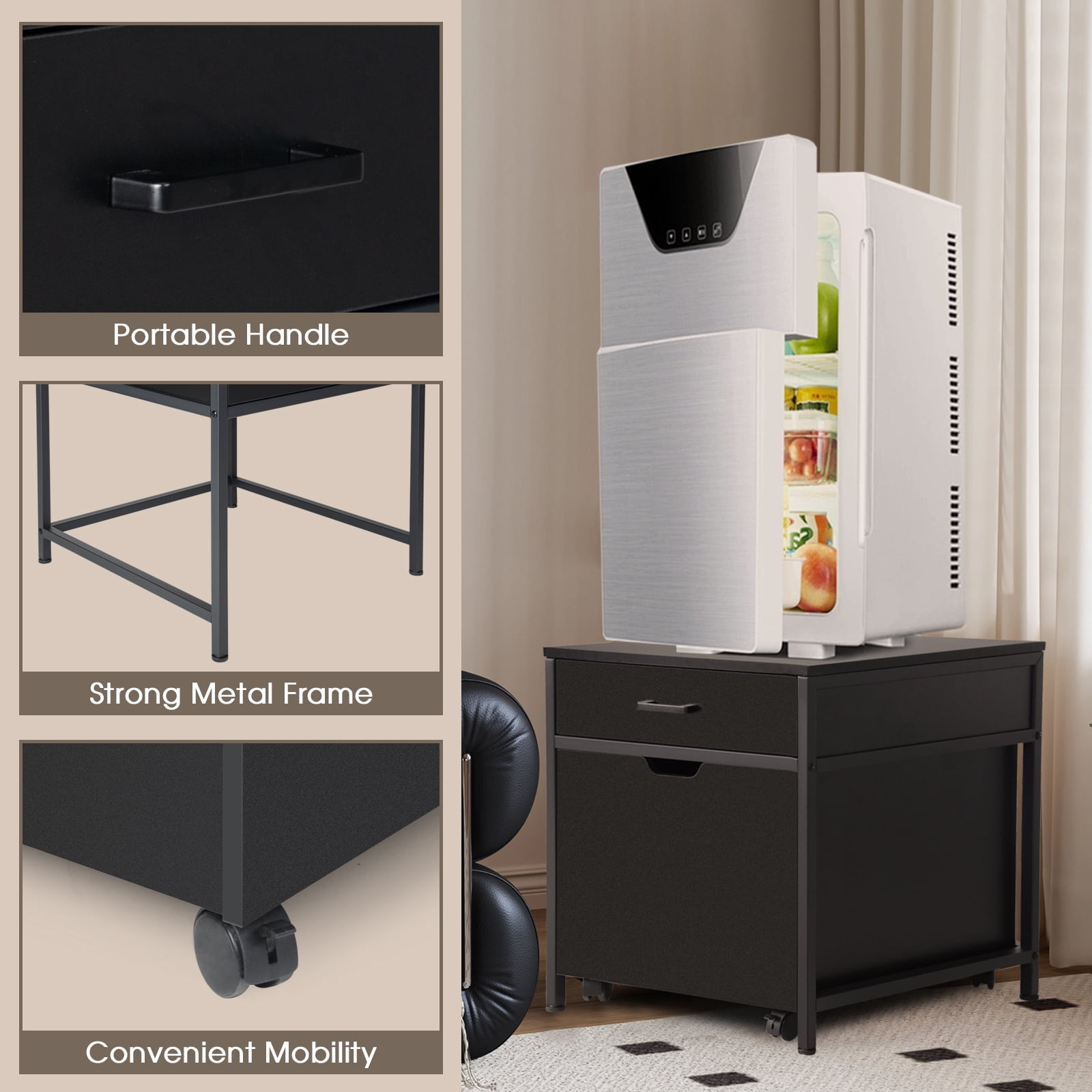 Mini Fridge Stand with Storage, Heavy Duty Mini Fridge Table with Rolling Cabinet 220LBS Capacity Tabletop for Dorm, Apartment,Office, Bedroom