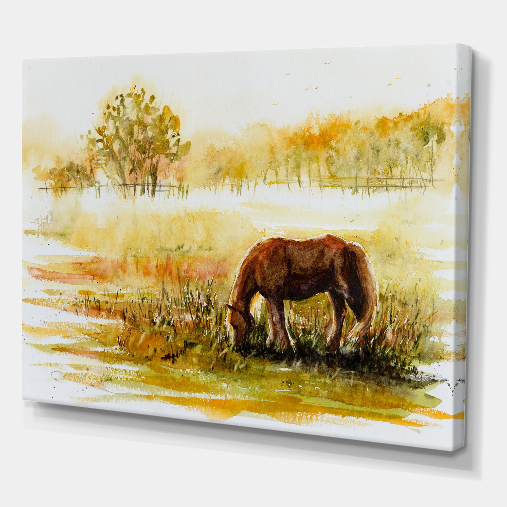 Horse Eating Grass On A Meadow 40 in x 30 in Painting Canvas Art Print, by Designart