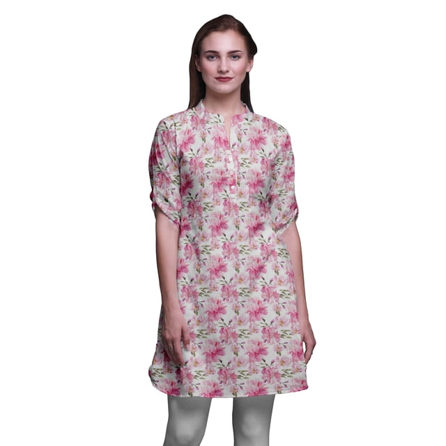 Bimba Kurti à Manches Retroussables pour Femmes, Col Mandarin Imprimé, Hauts de Kurti Courts