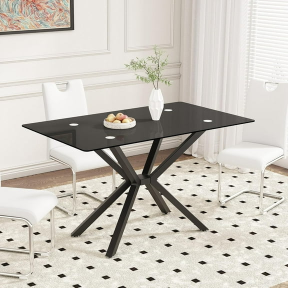 Dining Table Modern Tempered Glass Dinner Table, Rectangle Kitchen Table with Sturdy Metal Legs, Contemporary Minimalist Design, Ideal for Dining Room, Kitchen, or Small Spaces (Full Black, 47.24")