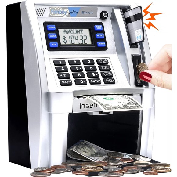 2024 Hucha De Cajero Automático Actualizada Para Niños Con Memoria De Apagado Y Tarjeta De Débito Para Dinero Real Apagado Con Una Tecla Reconocimiento De Monedas Configuración De Objetivo Alimentador
