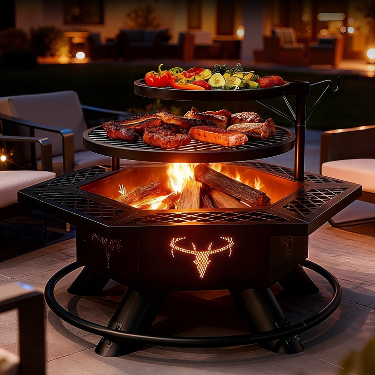 BALI OUTDOORS Fire Pit with grill, Outdoor Wood Burning BBQ