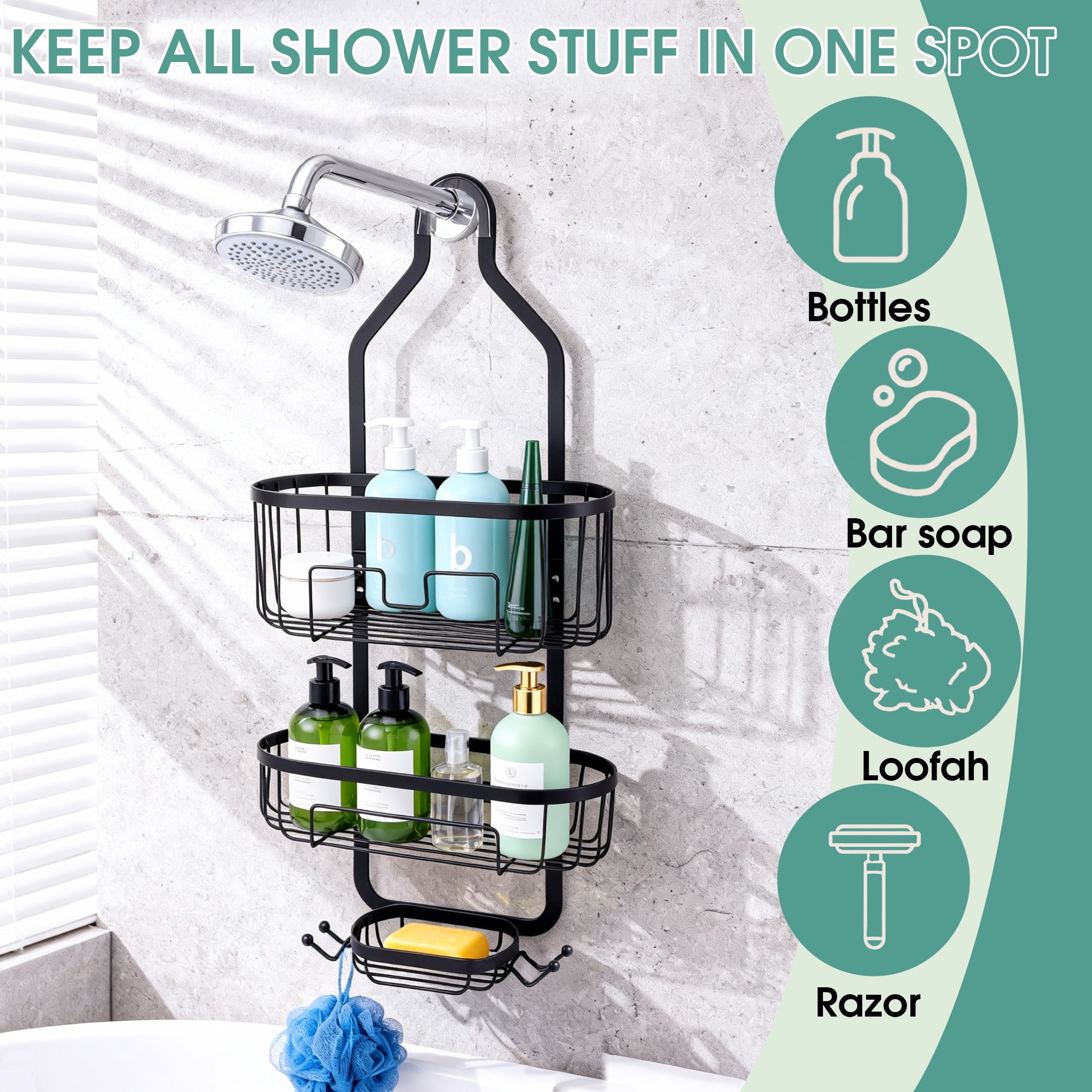 Hanging Shower Caddy Over ShowerHead, 3 Tier Rustproof Shower Shelves Organizer with Hooks & Soap Holder, Anti-Swing Bathroom Shower Organizer, Black Shower Caddy Hanging