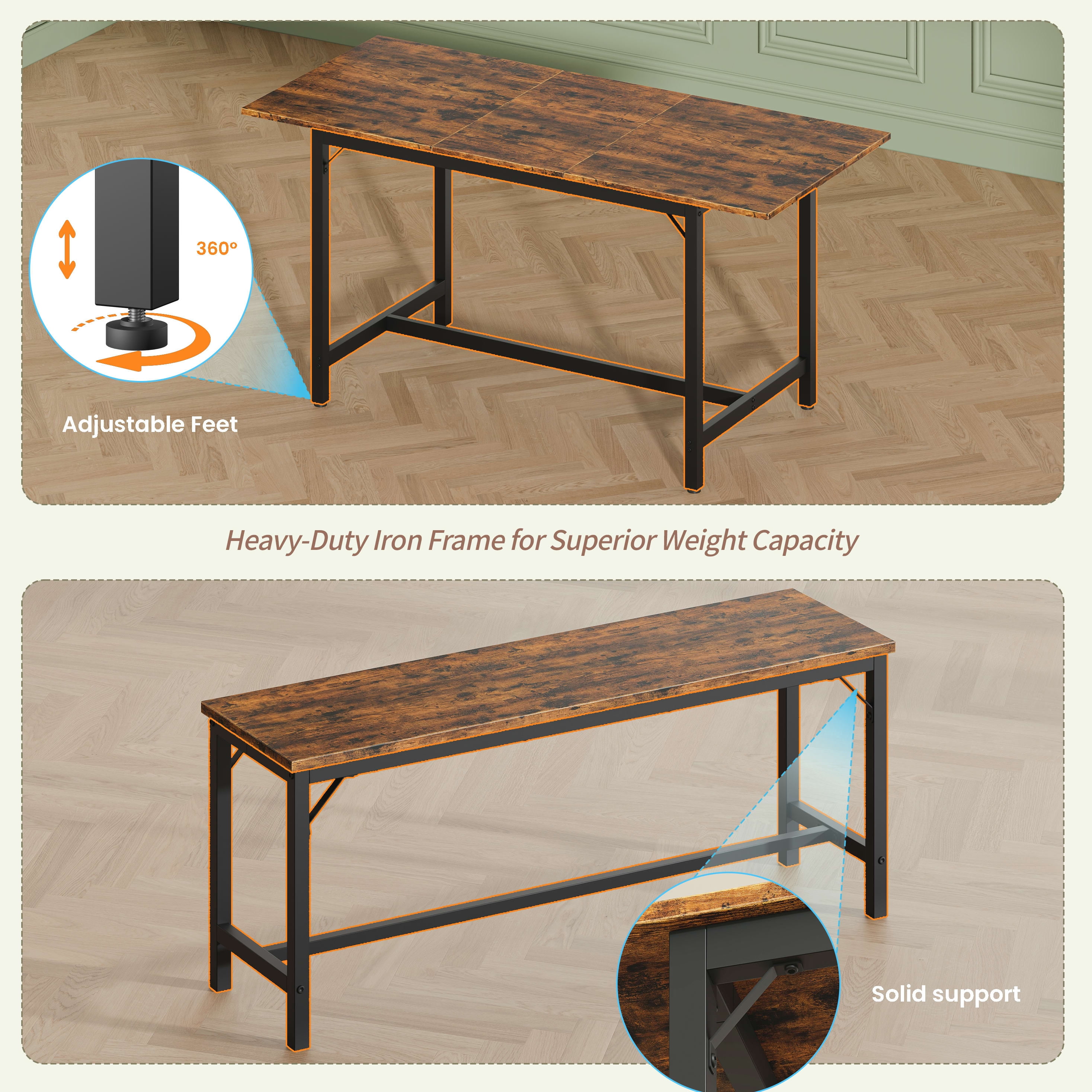 Aukfa 63" Extendable Dining Table Set for 4-8, 3-Piece Kitchen Table Set with 2 Benches & 2 Stools, Space Saving Wood Table & Metal Frame,Brown