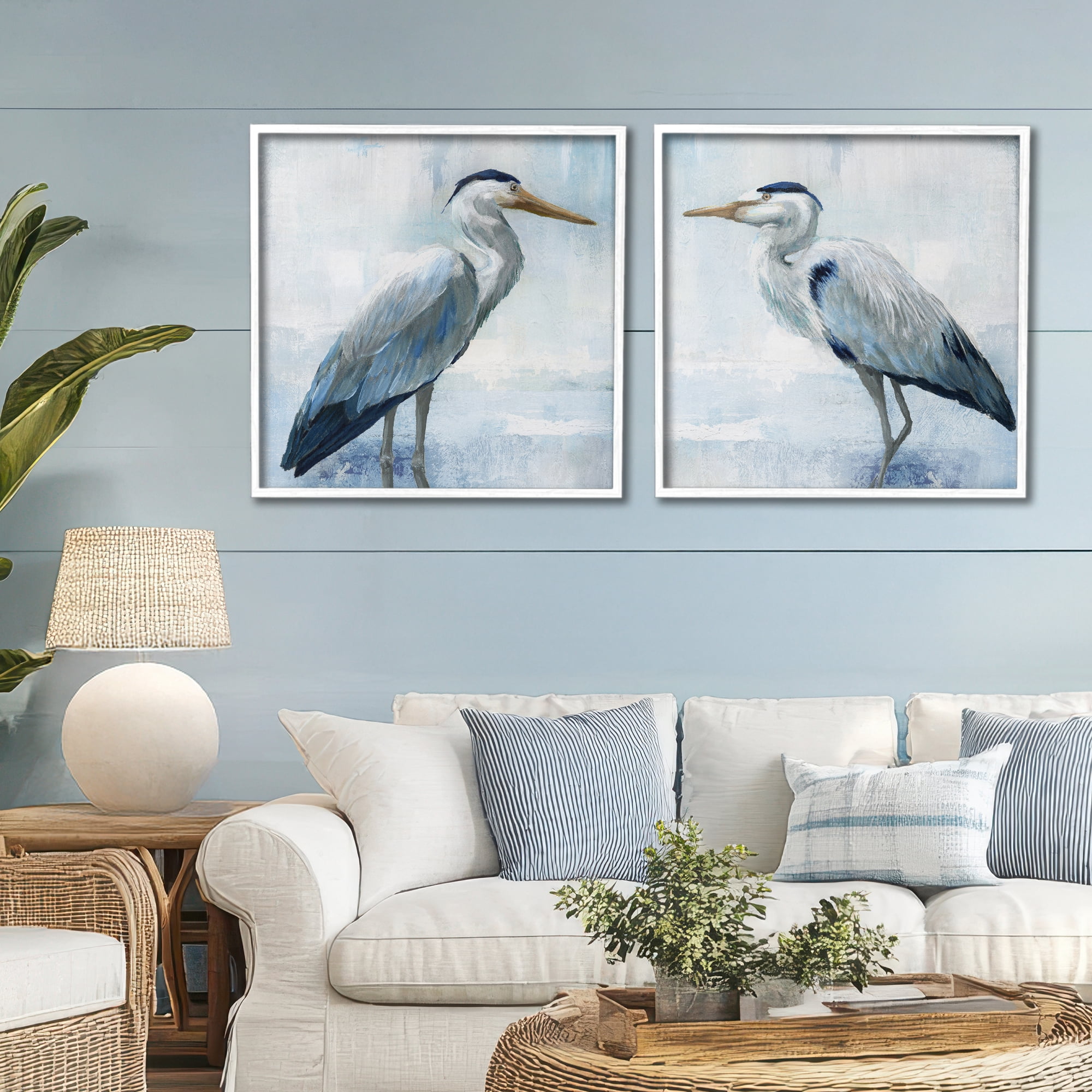 Stupell Industries Faded Blue Coastal Herons 2 Piece White Framed Giclee Art Set, design by Nan