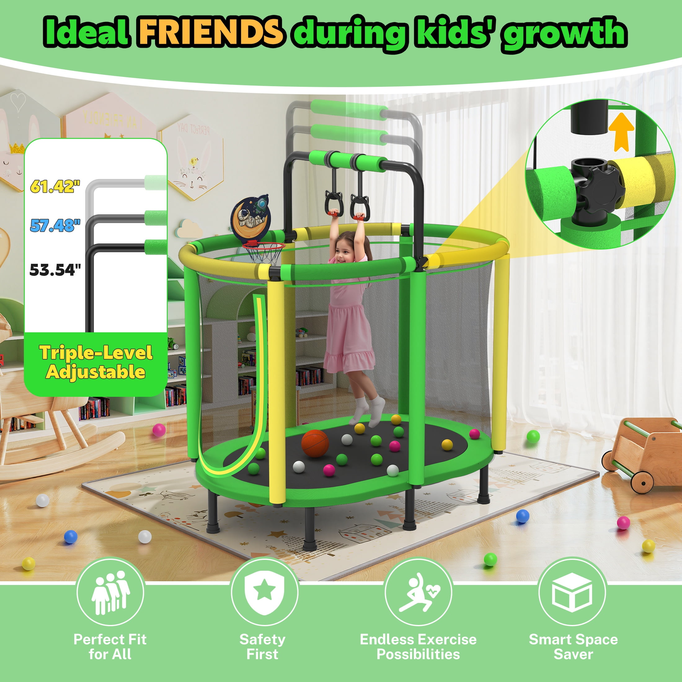 60" Toddler Trampoline with Safety Enclosure Net, SEGMART Upgraded Kids Trampoline with Basketball Hoop, Swing, Rings, Balls, Indoor Outdoor Mini Trampoline Birthday Gift for Kids Ages 3-9