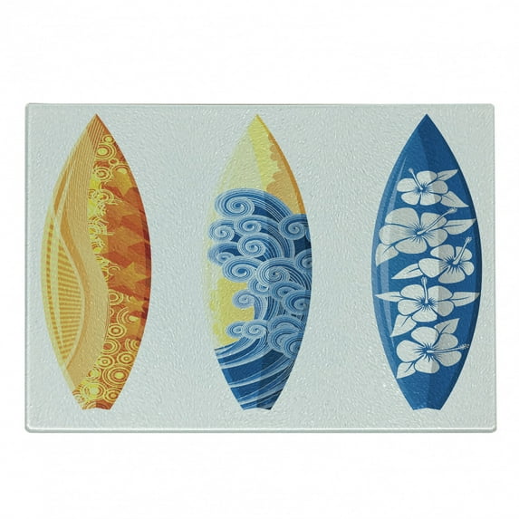 Surf Cutting Board, Ornate Colorful Surfboards Vocation Fun Water Sports Moving Waves Lifestyle, Decorative Tempered Glass Cutting and Serving Board, Small Size, Blue Orange Yellow, by Ambesonne