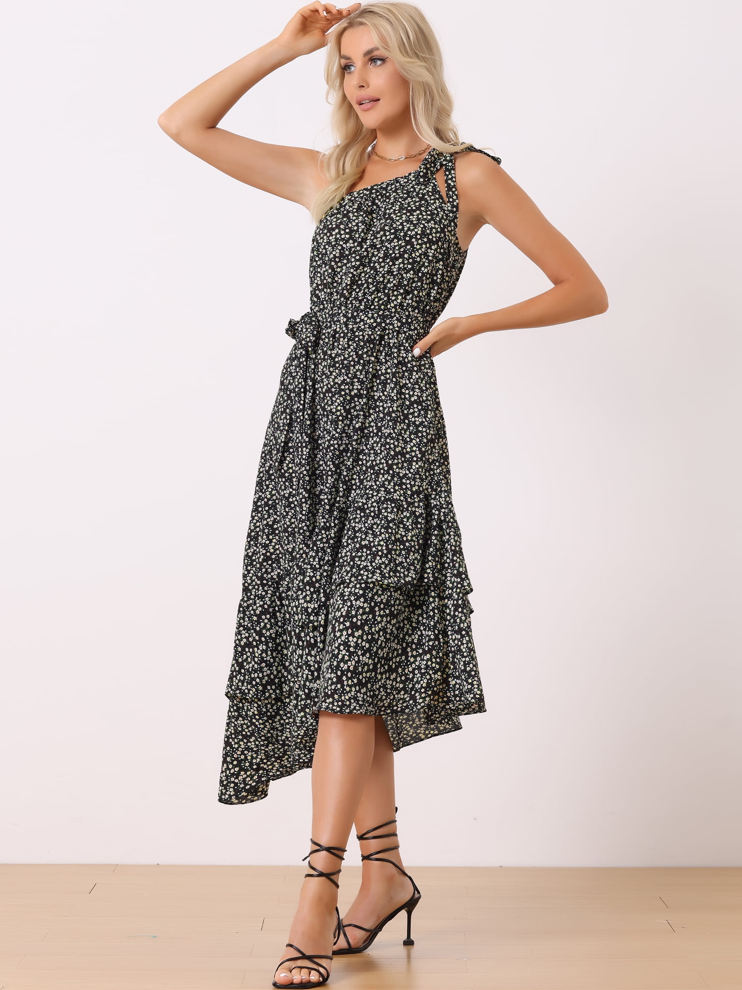 Unique Bargains Women's Sleeveless Layered One Shoulder Tie Floral Midi Dress XS Black