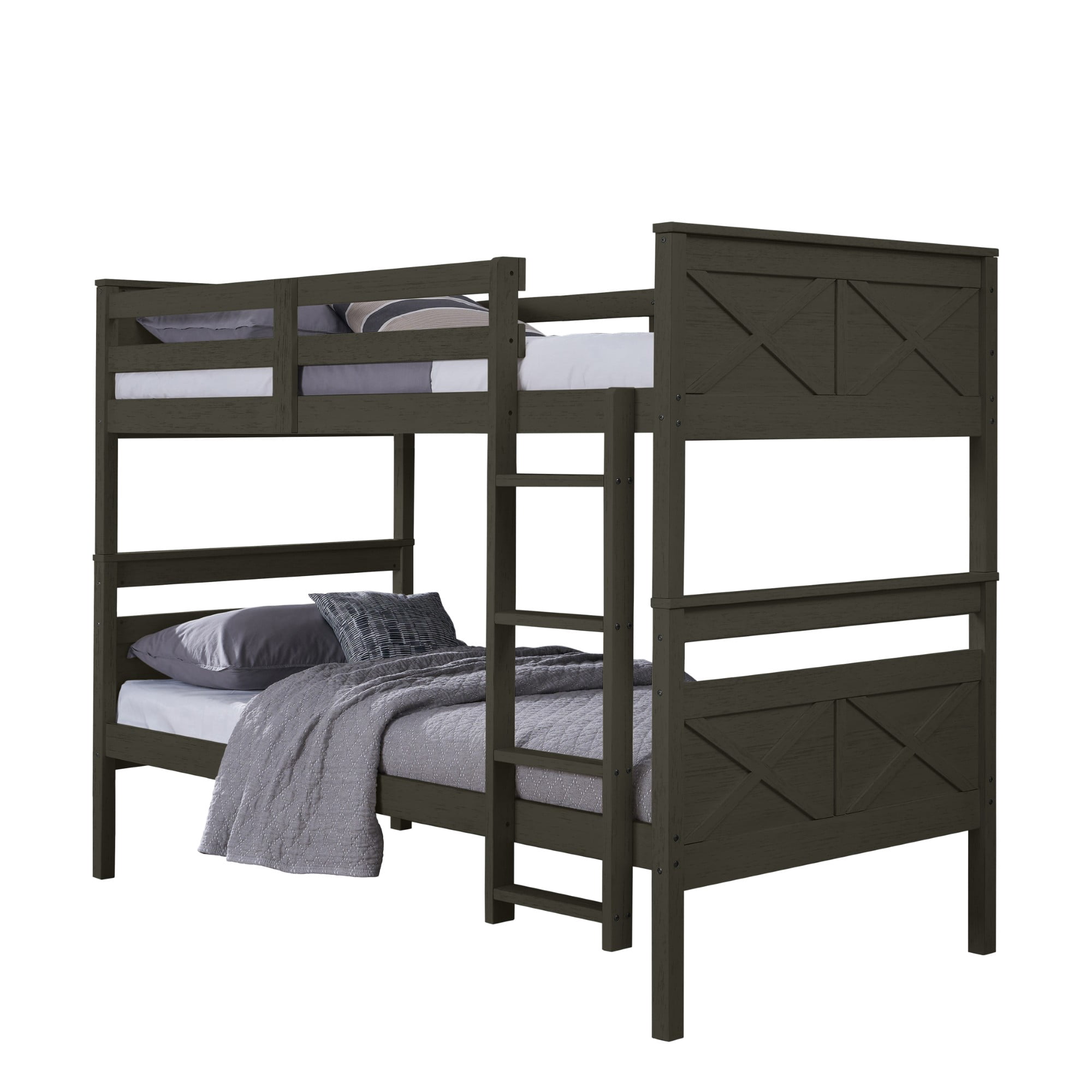 Home Design Exeter Twin Over Twin Solid Wood Bunk Bed Frame with Guardrails and Ladder, Dark Gray, Easy Assembly