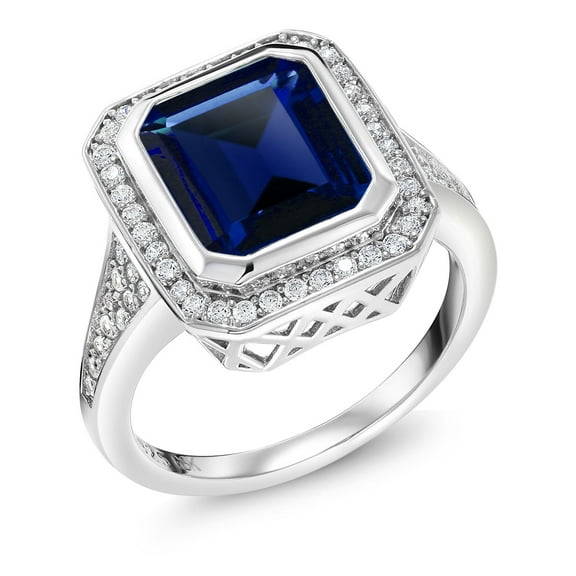 Gem Stone King 5.00 Cttw Simulated Blue Sapphire Ring for Women | 925 Sterling Silver | Emerald Cut 11X9MM | Wedding Engagement Anniversary Promise Ring for Women (Size 8)