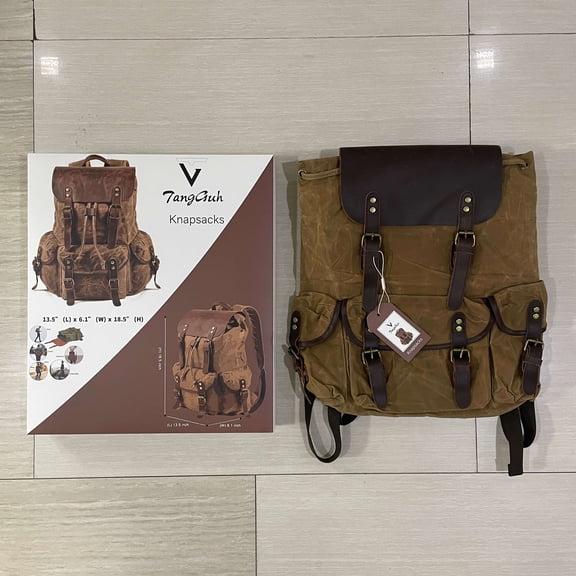 TangGuh Knapsacks Vintage Canvas Backpack with Leather Trim, Brown, Multiple Pockets