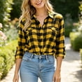 thumbnail image 5 of Lenpel Long Sleeve Shirts for Women Fall Plaid Collared Button down Shirts with Pockets Fashion Curved Hem Tops(Yellow,X-Large), 5 of 7