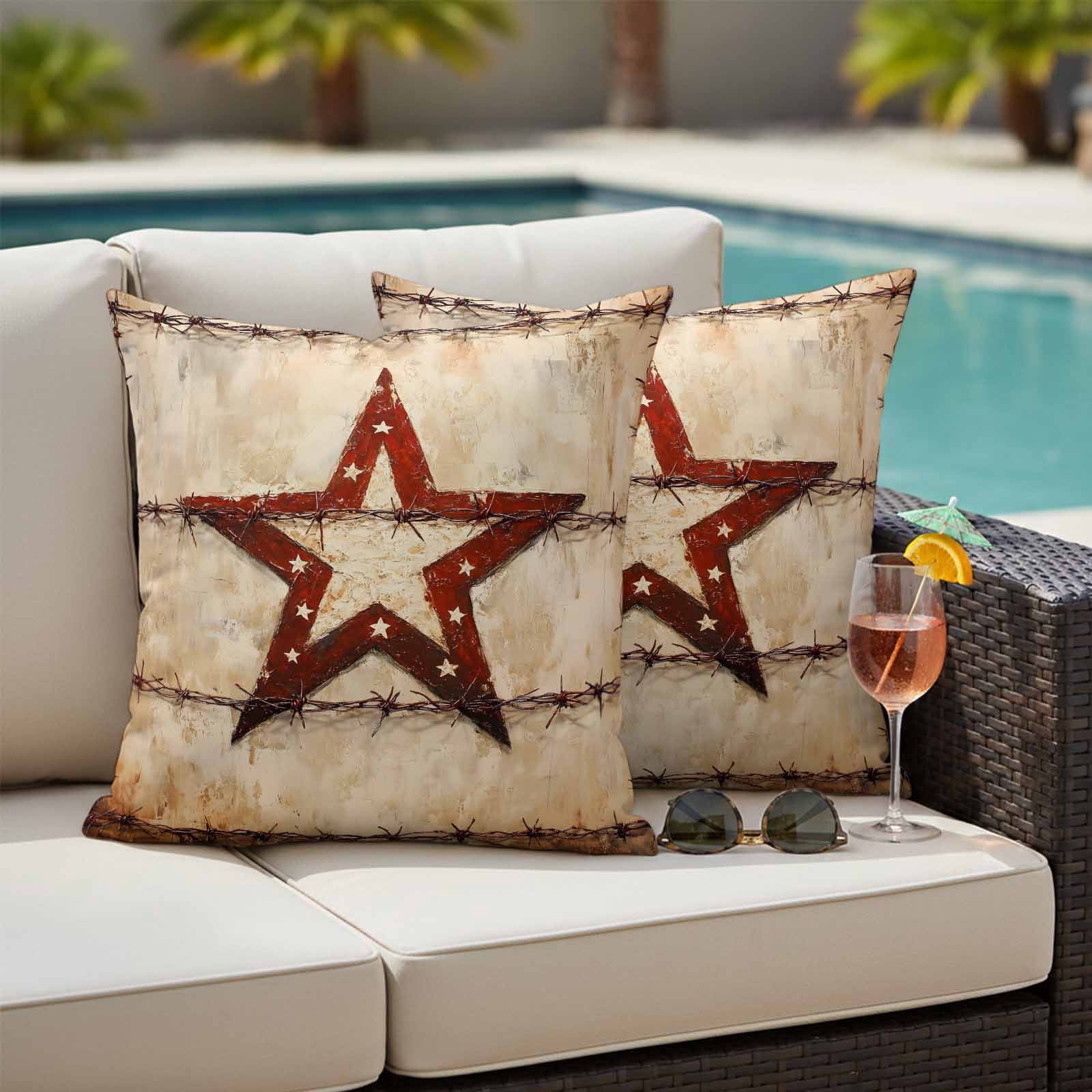 Texas Star Western Outdoor Waterproof Pillow Covers, Country Retro Vintage Decorative Square Throw Pillowcase Sofa Cushion Sham for Patio/Couch/Chair, 18"x18" 2 Pack