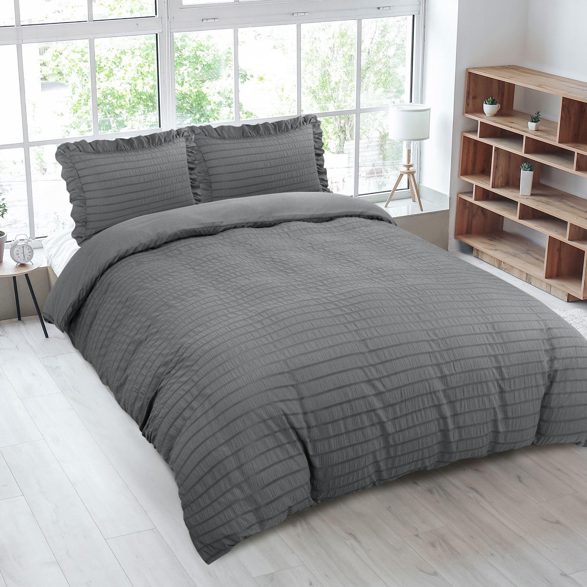 PiccoCasa Soft Microfiber 3 Pieces Queen Seersucker Adult Duvet Cover Set Dark Grey