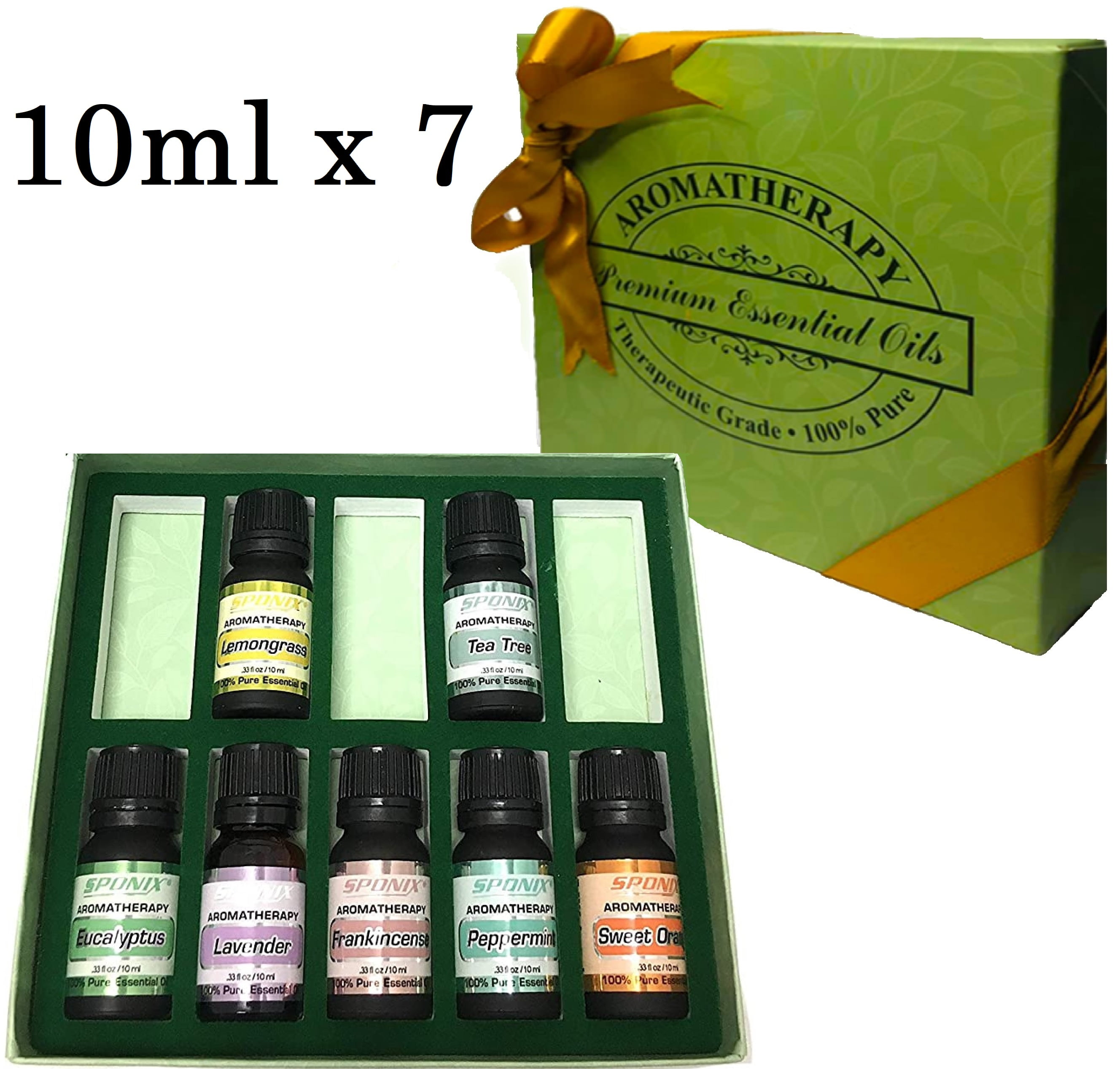 Essential Oil Gift Set of 7 Aromatherapy 7 x 10 mL - Peppermint Eucalyptus Lemongrass Lavender Sweet Orange Frankincense Tea Tree - Made with 100% Pure Therapeutic Grade Essential Oils by Sponix