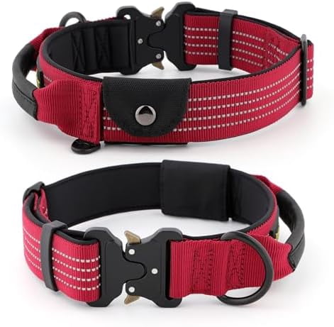 Tactical Dog Collar with Tracker Pocket for AirTag, Adjustable Reflective Nylon Collar, Metal Buckle, Leather-Wrapped Handle, Soft Padded for Medium Large Dogs (Burgundy Red, M)