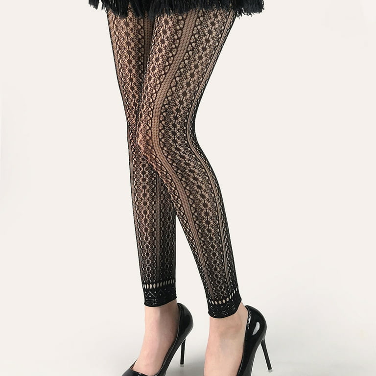 Womens Footless Tights Black Patterned Fishnet Floral Lace Net