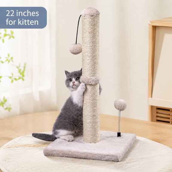 Cat Scratching Post Kitten Scratcher Sisal Scratch Posts with Hanging Ball 22in for Kittens or Smaller Cats, Beige