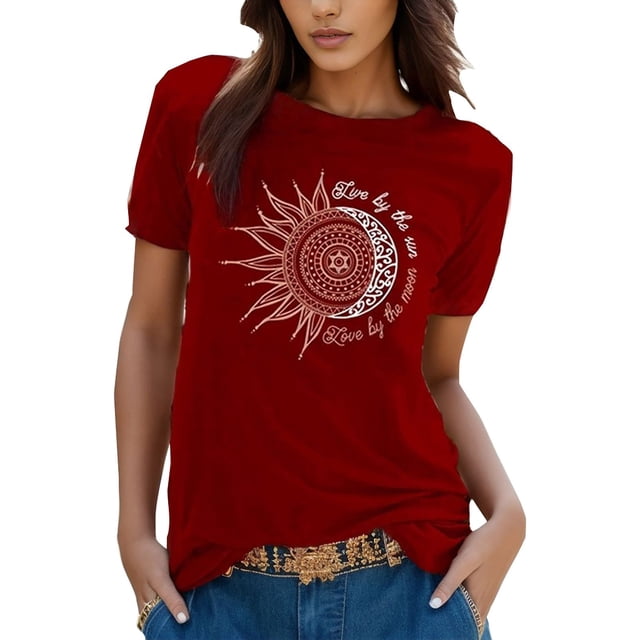 T-Shirt Vintage Imprimé Décontracté Foncé pour Femmes T-Shirt à Manches Courtes Ensemble Rond Chemise Col Haut Blouse