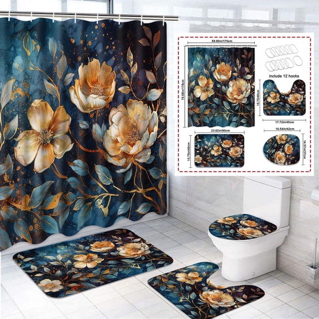 Juego de 4 cortinas de ducha para baño, juego de cortinas de ducha de poliéster con alfombras de baño, juego de baño con patrón de flores doradas pintadas con cortina de ducha y juego de alfombras