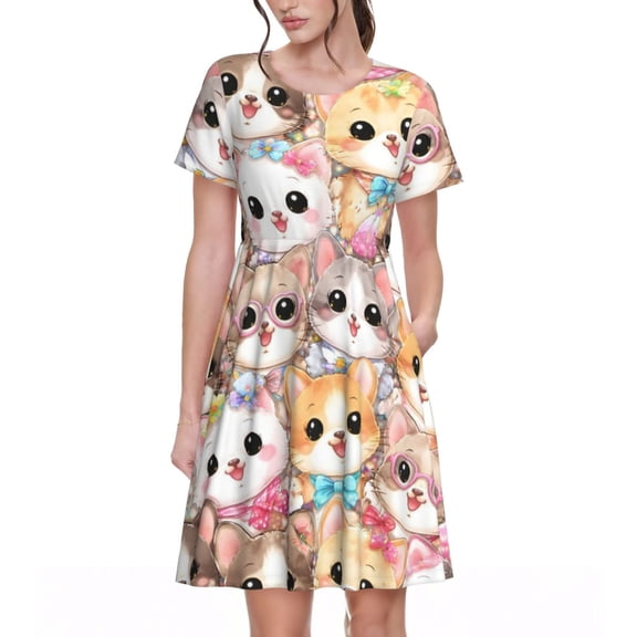 Cute Cat Lovers Dresses Short Sleeve Nightdresses for Women