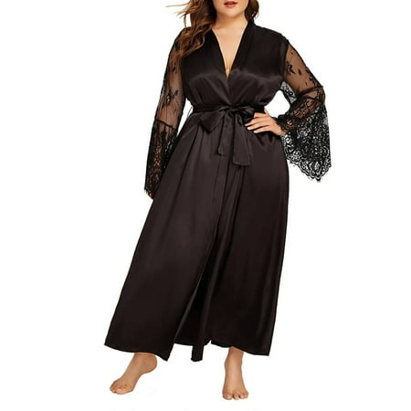 

QELUSQELUS Women Plus Lace Flare Long Sleeve V Neck Satin Silk Solid Sleepwear Gown