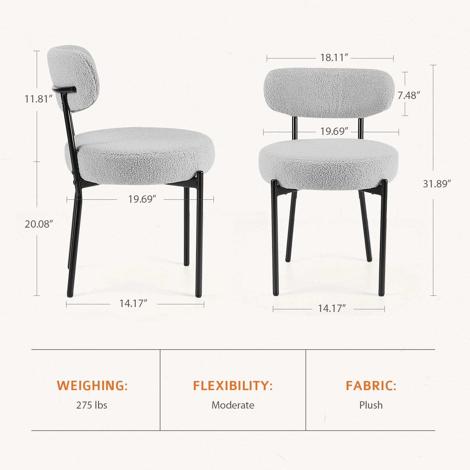 GIANNA Dining Chairs, Boucle Upholstered Kitchen Chairs, Curved Backrest & Metal Legs, Grey, 2 Packs