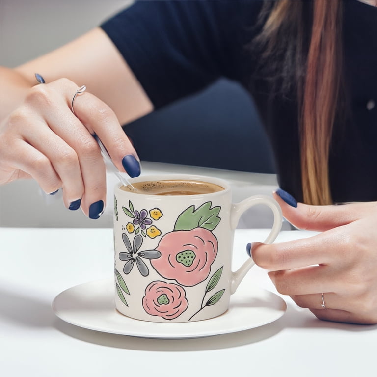 4 Pack 11 oz Ceramic Coffee Mugs, Porcelain Coffee Cups with Handle for Tea, Latte, Cocoa, Cappuccino, Milk, Dishwasher&Microwave Safe, Plant Patterns