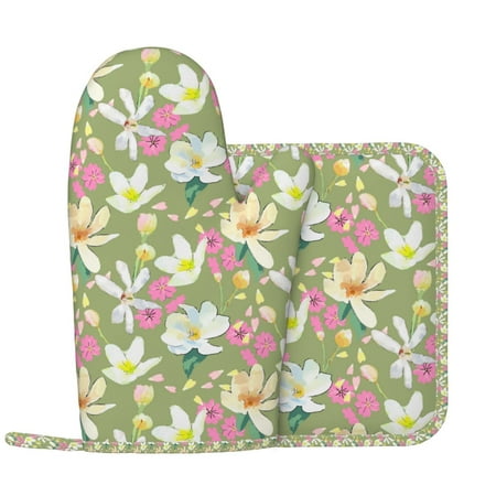 

Flowers And Buds Oven Mitts and Pot Holders Sets Heat Resistant Silicone Oven Mitts Pot Holders for Kitchen Cooking Baking Non-Slip Oven Gloves Hot Pads Potholders