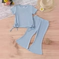 thumbnail image 2 of tarylea Baby Girl Clothes Drawstring Short Sleeve Crew Neck Tops Elastic Waist Bell Bottom Flare Pants Solid Color Ribbed Suits Summer Trendy Comfy Loose Toddler Outfits for 9 Months-4 Years, 2 of 3