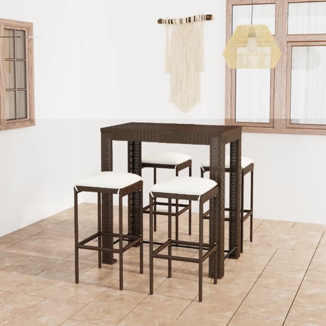 vidaXL 5 Piece Garden Bar Set with Cushions Poly Rattan Brown