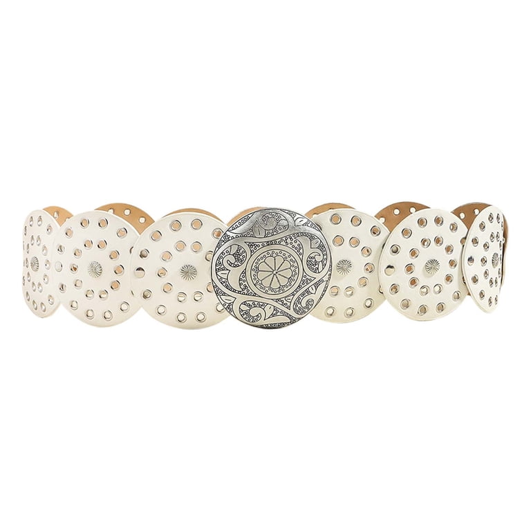 Vintage White Large Circle Leather And Metal Belt Vintage White Leather Belt With Round Silver Metal Buckle  main image 4