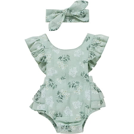 

QWZNDZGR Baby Girls Daisy Playsuits Ruffled Bodysuit+Headband Print Fly Sleeve Romper Floral Jumpsuit Infant Summer Clothes
