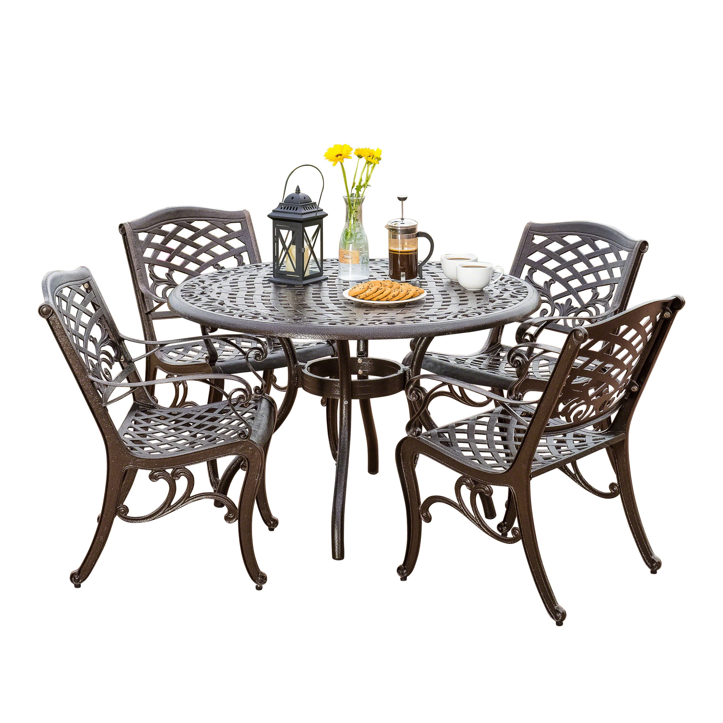 GDF Studio Brody Traditional Outdoor 4 Seaters Cast Aluminum Dining Set, Hammered Bronze