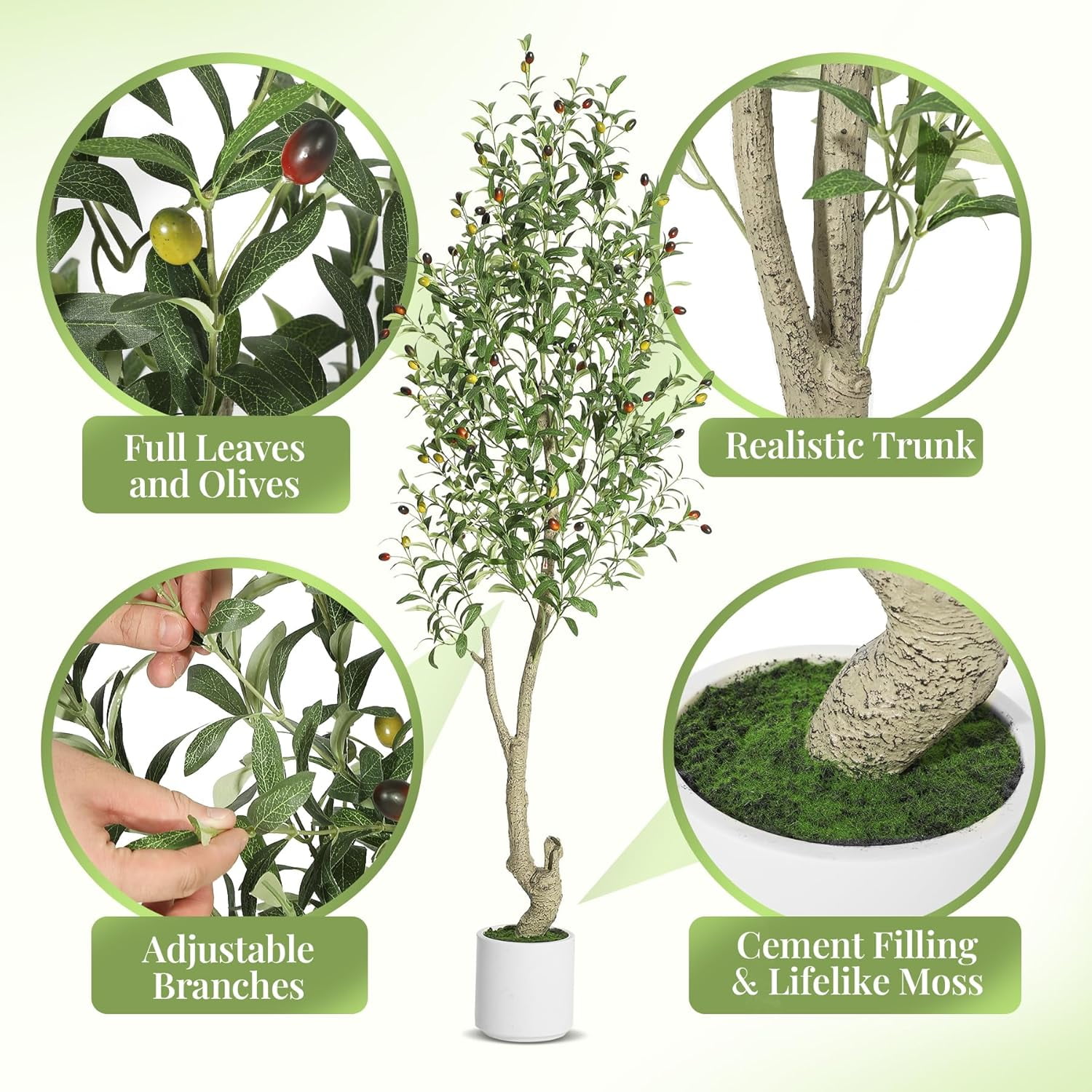 Tall Faux Olive Tree, 6ft(72in) Olive Trees Artificial Indoor with White Planter and Green Fake Moss for Home Office Living Room Bedroom Stairs Foyer Decor, 1 Pack