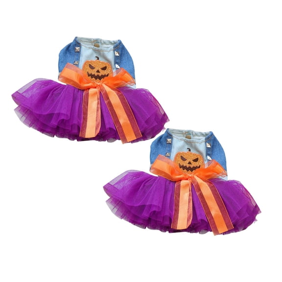2Pcs Halloween Pumpkin Princess Tutu Dress ,Sweet Lace Camisole Pet Skirt For Dogs & Cats, Cute Autumn Winter Party Outfit With Pumpkin Print