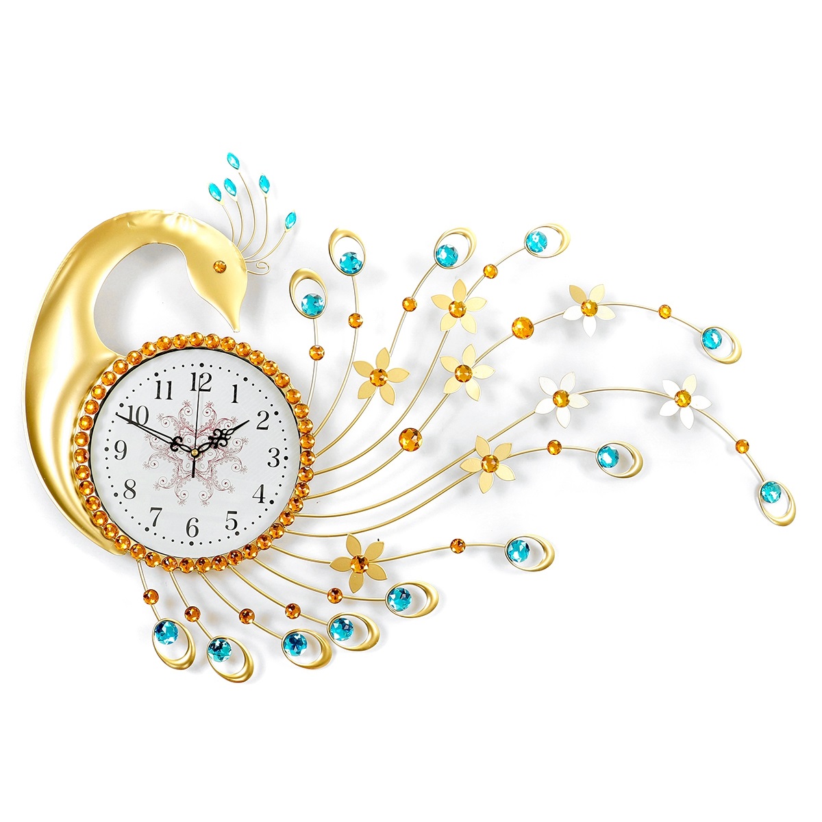 35/41inch Large Luxury Peacock Wall Clock Crystal Diamonds Golden Metal