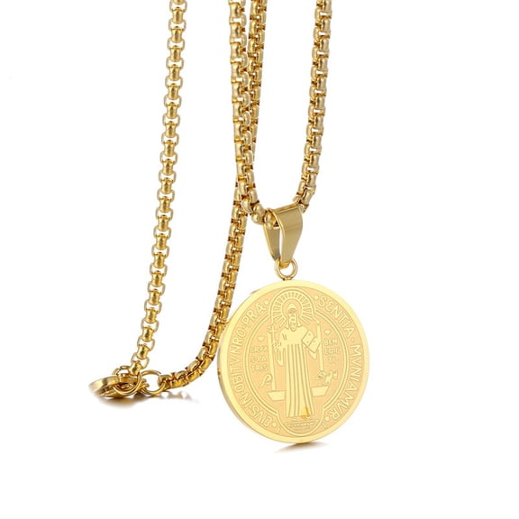 14K Yellow Gold Catholic Patron Saint St Benedict of Nursia Holy Medal Round Pendant Necklace for Men Jewelry