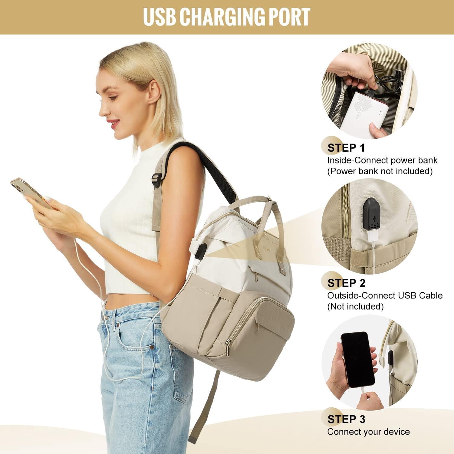 Lovevook Laptop Bag 15.6",Women Work Computer Bag Teacher Nurse Backpack Purse with USB,Waterproof Travel Backpack College Bookbag(Beige-Khaki)
